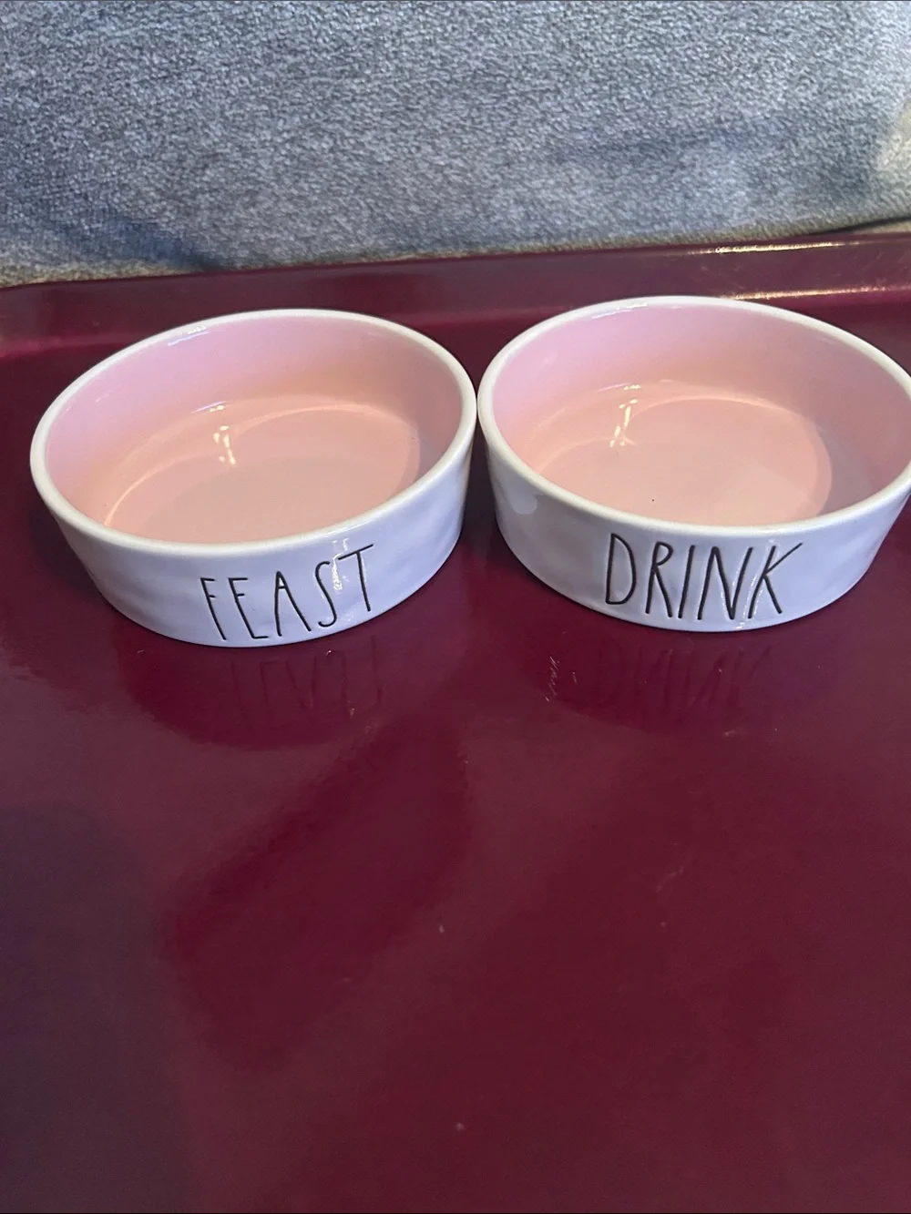 Rae Dunn Ceramic Pet Bowls - White Exterior with Pink Interior set of 2